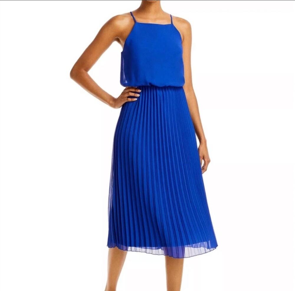 Sam Edelman Dress Royal Blue Pleated Midi Halter Blouson Chiffon Sleeveless Sz M